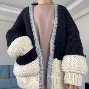 Hand Knit Chunky Wool Cardigan: Oversized Sweater with Pockets