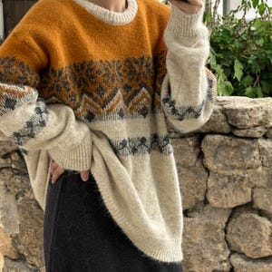 Knitted Wool Jacquard Sweater : Oversized Soft Grandpa Style Jumper