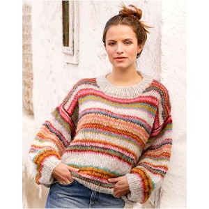 Merino and Alpaca Furry Sweater. Hand-Knitted Colorful striped sweater.