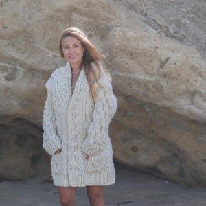 Chunky Cable Wool Cardigan | Hand Knitted Soft Wool Sweater Jacket | Cozy Textured Knit  T1929